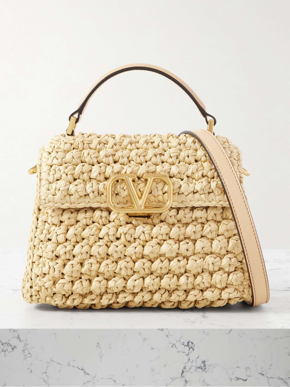 Valentino Garavani Cream Raffia Top-Handle Shoulder Bag with Gold Logo